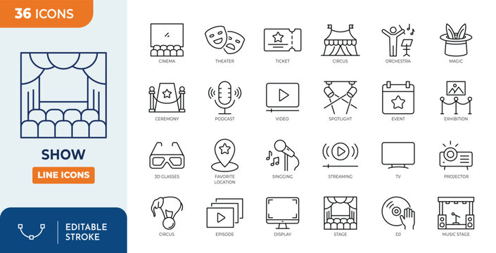 Show icon set. Contain icons related to cinema, entertainment, stage, theater, spotlight, ticket, magician, concert, event, circus and more. Editable stroke. Vector illustration