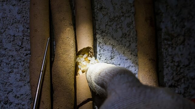 A termite mud tube inspection on a concrete block foundation wall.