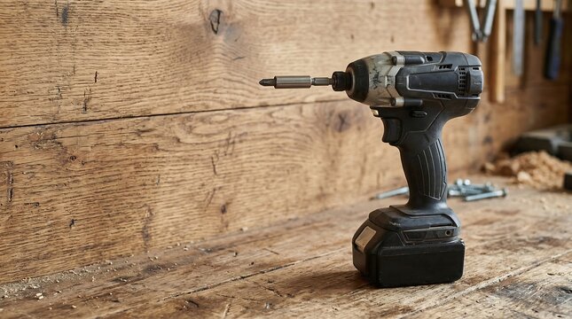 Black cordless drill standing on a wooden workbench in a workshop