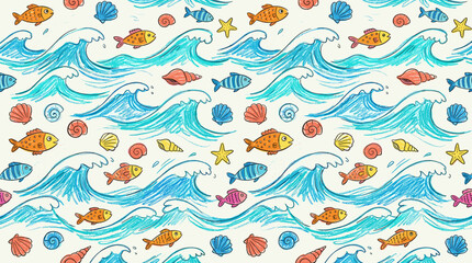 Fototapeta premium A playful and colorful hand-drawn seamless pattern featuring various fish, shells, starfish, and blue waves on a cream background, evoking a sense of summer fun.
