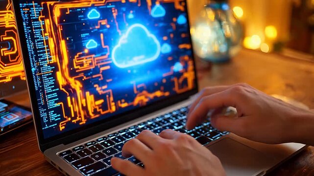 Hands typing on laptop with cloud tech display