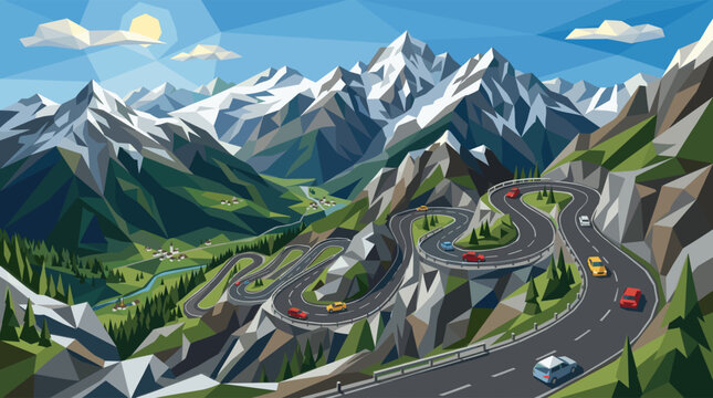 This vector illustration features a vibrant, low-polygon landscape of a winding mountain road with cars, leading towards majestic snow-capped peaks under a clear blue sky.