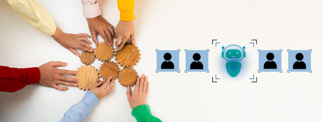 Hands come together to form a collaborative pattern with digital elements, symbolizing the fusion...