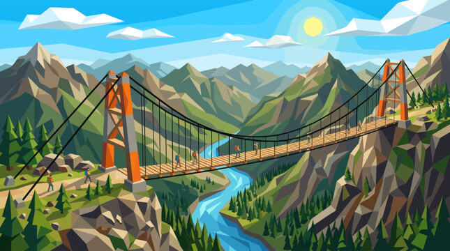 Stylized low poly illustration of hikers crossing a suspension bridge over a river in a lush mountain valley under a bright sun.