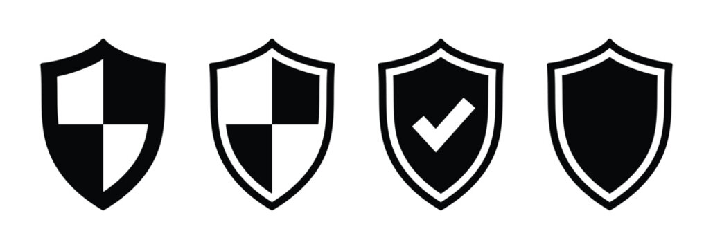 Shield guard icon set symbol with editable stroke in black and white shape. Security shield for antivirus software, data privacy, and safe browsing.