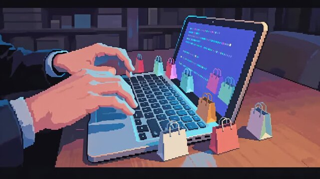 Typing Laptop and Shopping bags appearing, Online Retail Sale Deal, Merchandise Marketing Purchase, Internet Web Browse Pixelated cartoon