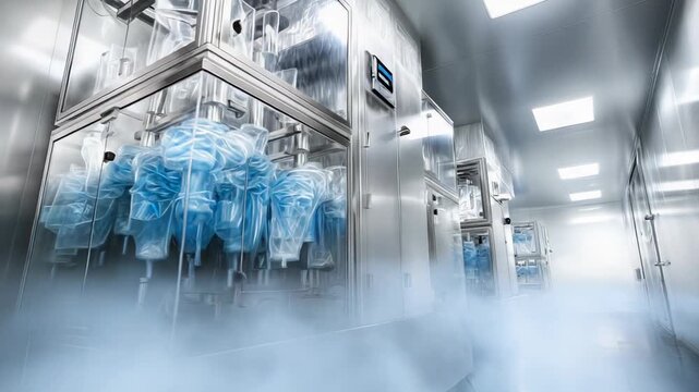 Advanced cryogenic equipment processing liquid bags in a sterile cleanroom environment, showing the high tech process of preparing valuable biotechnology products for storage and distribution