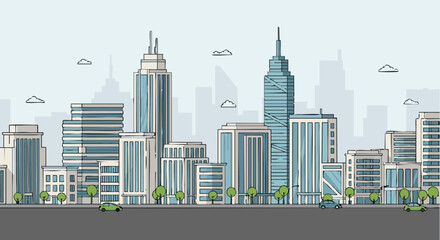 Fototapeta premium Modern Hand Drawn City Skyline Illustration with Skyscrapers