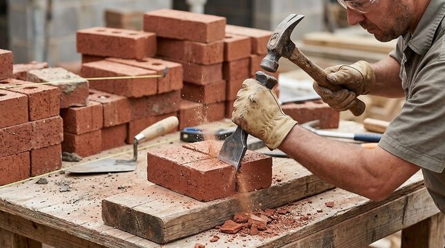 Man using a hammer and chisel to cut a red brick on a wooden workbench