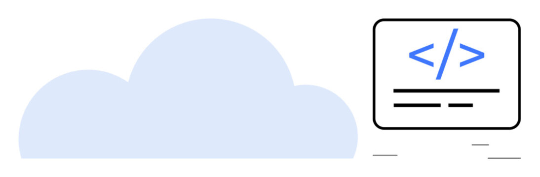 Cloud computing, web development, data storage, digital technology, IT services, programming. A cloud icon next to a coding symbol. Cloud computing and web development concept