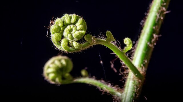 Cyathea genus naturally uncoil springing into life. Macro close up vertical with copy space, black background.