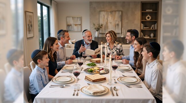 Multi generational Jewish family celebrating Passover Seder at home. Grandfather reading the Haggadah at the festive holiday dinner table