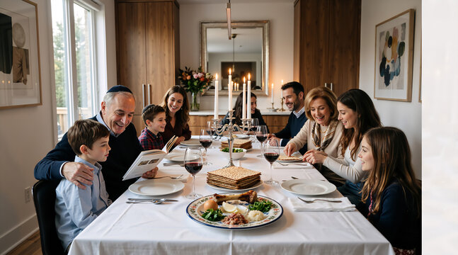 Multi-generational family celebrating Passover Seder at home. Grandfather reading Haggadah to grandson at the dining table with matzah and wine