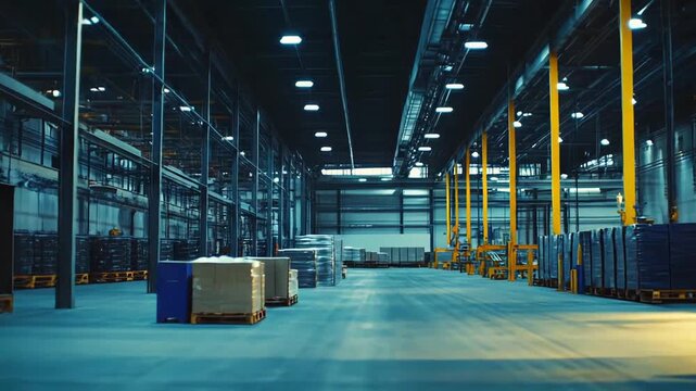 Modern industrial warehouse interior featuring rows of loaded pallet racks, cartons, and a working forklift, emphasizing efficient logistics and global supply chain operations