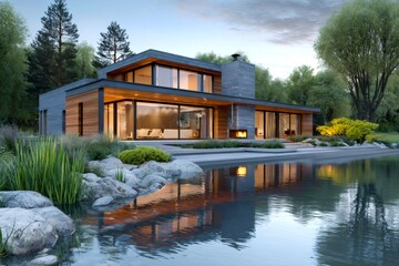 Naklejka premium Modern luxury lake house architecture at dusk