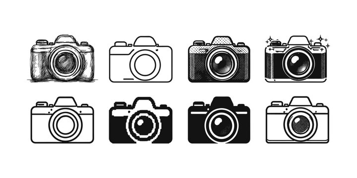 Collection of diverse camera icons in various artistic styles and graphic representations