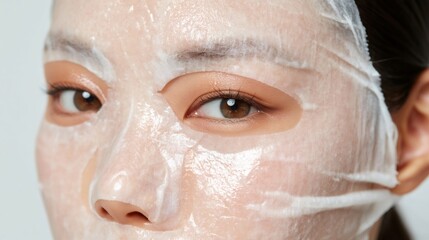 Naklejka premium Woman applying moisturizing sheet mask for skincare routine
