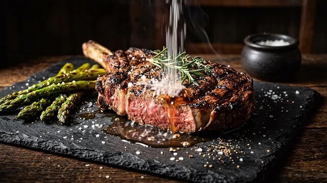Hyper-realistic juicy medium-rare ribeye steak with perfect grill marks on a dark slate board, surrounded by roasted asparagus spears.