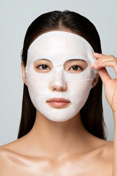 Asian woman applying hydrating sheet mask for skin care