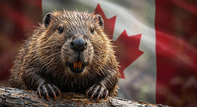 Majestic Canadian Beaver Close-Up with Transparent Canada Flag Background