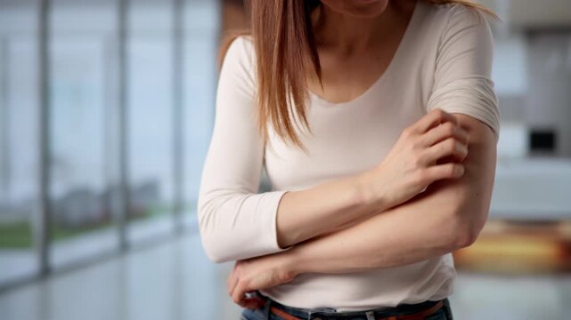 Caucasian Woman Suffering From Persistent Itchy Skin And Dermatitis