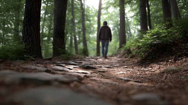 A solitary person walks on a sun d d stone path through a lush green forest