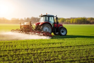 Fototapeta premium Red tractor spraying fertilizer on green crop field