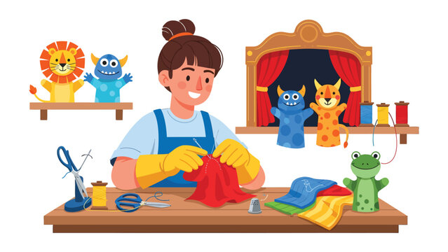 Crafting Stories: A dedicated craftsperson, absorbed in creating intricate puppets, skillfully manipulates fabric with needle and thread.