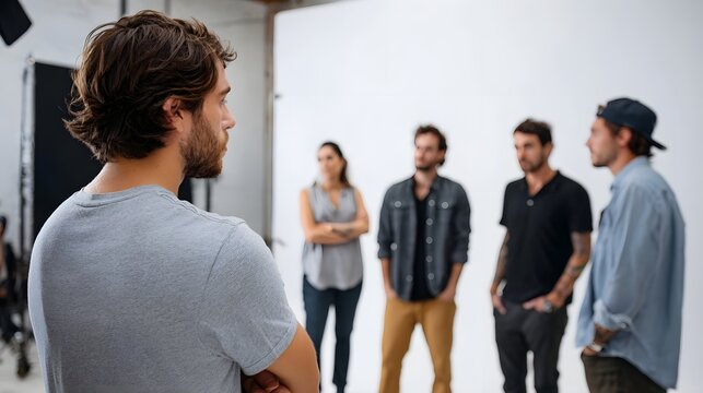 Director oversees a team of professionals collaborating in a modern photo studio during a creative session