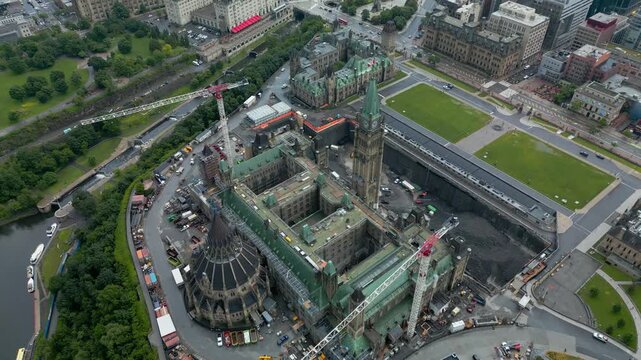 An aerial top-down view of the Ottawa Parliament's renovation project, showcasing the underground welcome center from a 180-degree drone flight perspective costing tax payers billions of dollers day