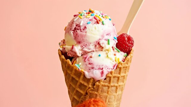 Woman wearing colorful mitten holding strawberry ice cream cone with sprinkle topping. Refreshing frozen dessert snack being offered for summer holiday treat time.