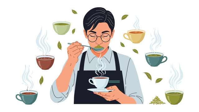 Tea Taster's Aroma: A tea taster meticulously evaluates the aroma of various tea types, savoring the subtleties of each fragrant brew, surrounded by a spectrum of steeping cups and fresh tea leaves.