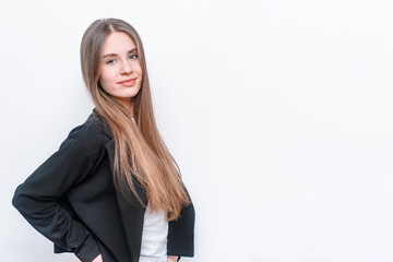 Obraz premium Banner with a young woman or a teenage girl, isolated background, lots of empty space for text