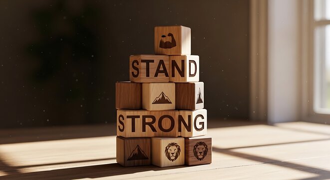 Inspirational wooden blocks stacked to form 'STAND STRONG,' symbolizing resilience, inner strength, and building a solid foundation for personal growth and achieving success