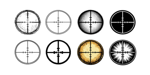 Collection of diverse rifle scope reticles and crosshairs in various artistic styles