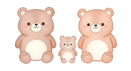 Obraz premium Adorable cartoon bear family illustration featuring three charming bears of varying sizes, perfect for children's books, nursery decor, and gentle design projects showcasing togetherness and warmth