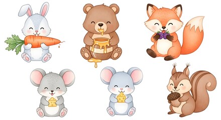 Obraz premium Adorable Forest Critters A Charming Collection of Hand-Drawn Baby Animals Holding Their Favorite Treats, Perfect for Kids' Designs and Invitations