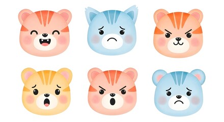 Fototapeta premium Collection of Six Adorable Cartoon Cat Faces Expressing Diverse Emotions and Expressions