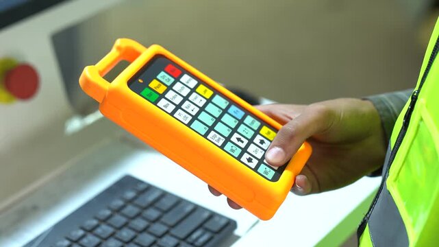 Machinist Operator Using A Computer Remote Controller To Run An Automated CNC Machine.