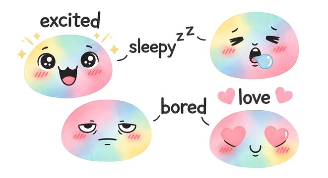 Whimsical collection of soft pastel kawaii character emotions, illustrating a spectrum of feelings with cute facial expressions, ideal for playful graphic designs