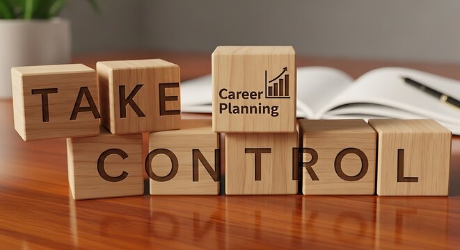 Wooden cubes spelling out 'Take Control' and 'Career Planning' with a chart on one cube suggesting business growth and success