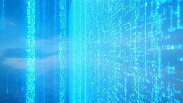 Digital code cascading over cityscape
