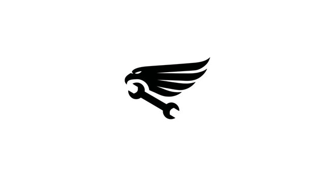 Bold Eagle Head with Dynamic Wing and Wrench Icon. Vector graphic symbol for automotive, mechanical, industrial, repair services or speed.