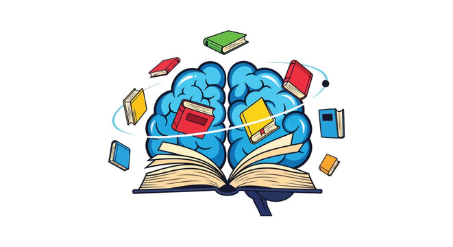 Brain with books flying out of an open book vector graphic illustration design