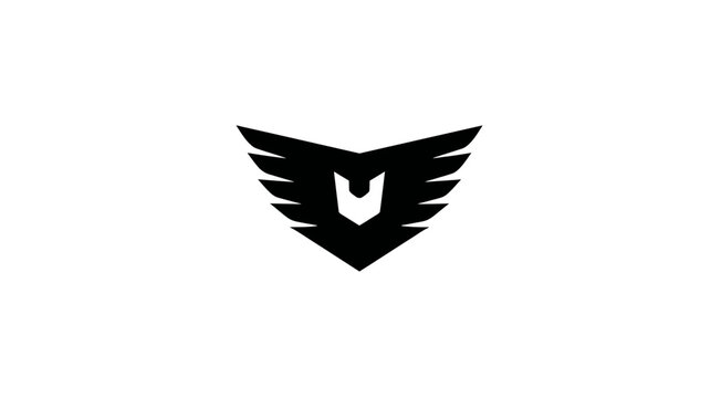 Minimalist black abstract wings emblem, stylized bird or shield icon, modern graphic design element on white background