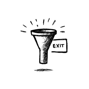 Black and white hand-drawn funnel icon with exit sign