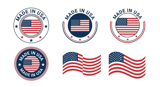 Made in USA Labels and American Flag Badge Set, Vector Icons for Product Packaging and Marketing