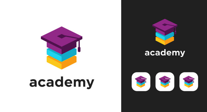 Academy Education Logo Design featuring Isometric Graduation Cap and Stacked Blocks Icon. 3D Branding Identity for University, E-learning Platforms, and Online Courses.