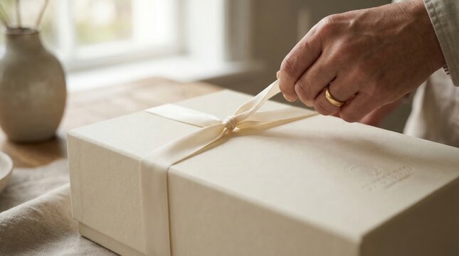 Woman hand unboxing gift package tied with silk ribbon. Close up of elegant present box opening. Concept of luxury surprise, birthday celebration and holiday shopping experience. 180 chars