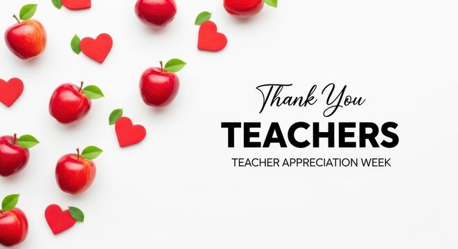 Teacher appreciation week concept with apples and hearts on white background